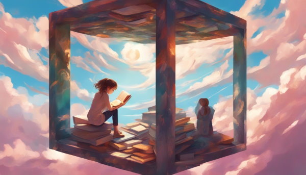 دختری نشسته درون مکعبی در آسمان در حال مطالعه