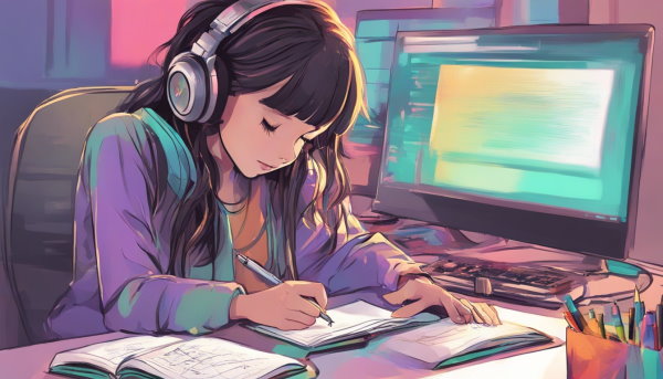 یک دختر با هدفون در حال نوشتن پشت میز کامپیوتر