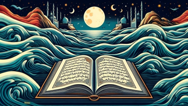 نمایی از کتاب عربی باز روی آب دریا