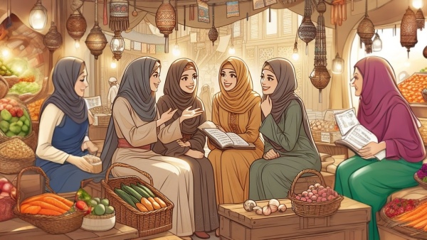 چند زن عرب در حال صحبت کردن در بازار