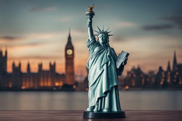 مجسمه آزادی آمریکا در مقابل برج بیگ بنگ انگلستان