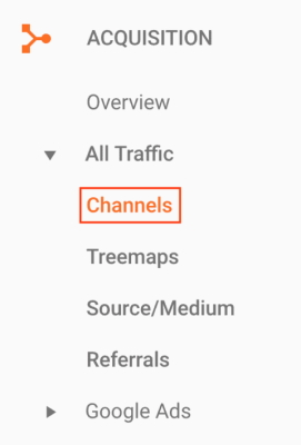 انتخاب گزینه channels در گوگل آنالیتیکس برای بررسی میزان ترافیک طبیعی