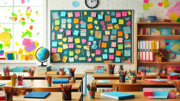 کلاس درس رنگارنگ با کاغذ چسبی روی تخته