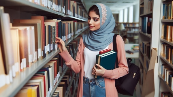 دختر جوان عرب در حال انتخاب کتاب از قفسه کتابخانه