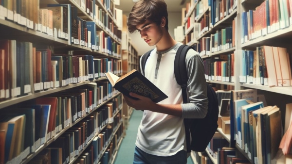 دانش آموز پسر جوان در حال کتاب خواندن بین قفسه های کتاب ایستاده