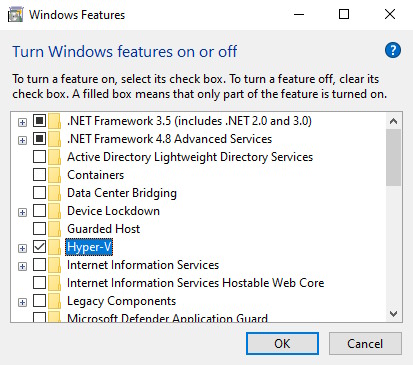 فعال کردن Hyper-V در Windows Features