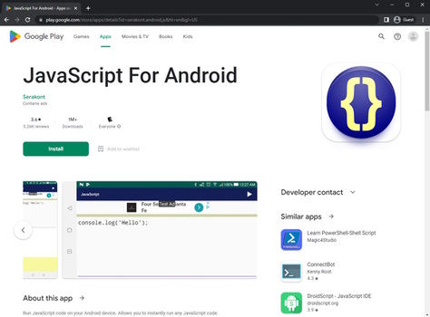 صفحه برنامه JavaScript For Android در گوگل پلی