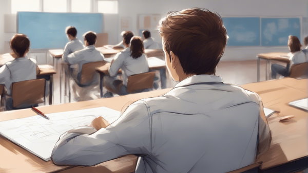 یک دانش آموز نشسته در انتهای کلاس در حال نگاه کردن به تخته (تصویر تزئینی مطلب انواع تابع در ریاضی)