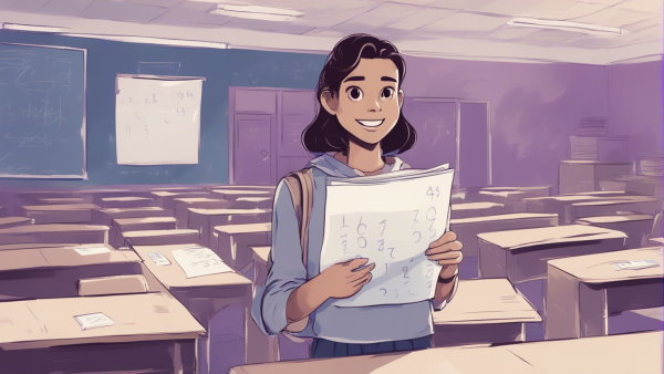 یک دانش آموز با چند برگه در دست در کلاس درس خالی (تصویر تزئینی مطلب انواع تابع در ریاضی)
