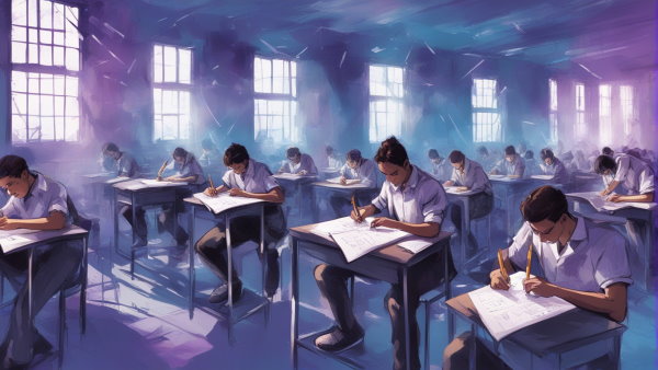 دانش آموزان در نشسته در جلسه امتحان در حال نوشتن (تصویر تزئینی مطلب انواع تابع در ریاضی)