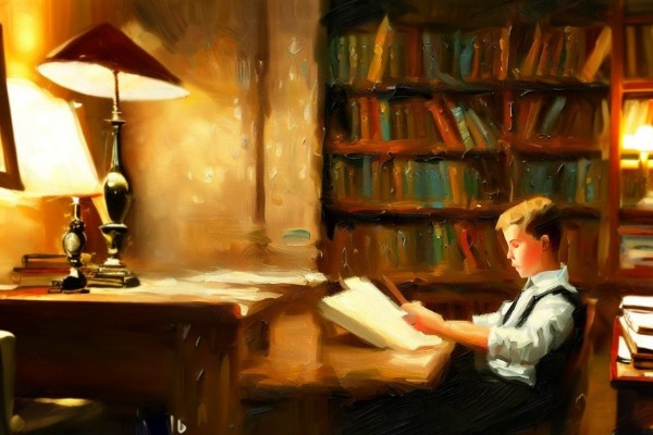 پسری در کتابخانه - قید زمان حال استمراری در انگلیسی