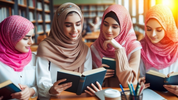 دانش آموزان دختر در حال مطالعه کتاب در کتابخانه