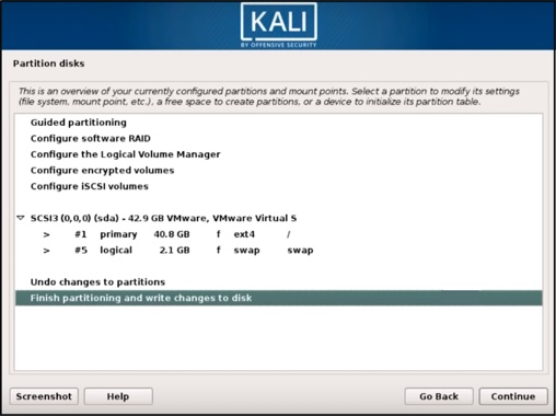 Kali Linux kurulum onayı