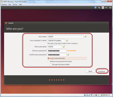Ubuntu, Virtual Box sanal makinesinde bir kullanıcı oluşturdu