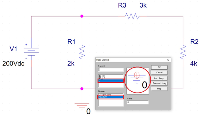 مشخص کردن زمین مدار در نرم افزار PSpice