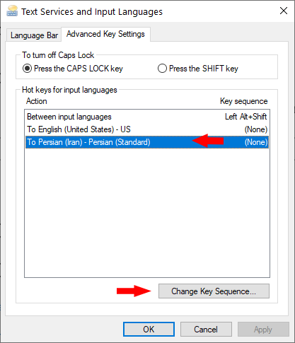 انتخاب میانبر برای تغییر به یک زبان خاص در ویندوز 10