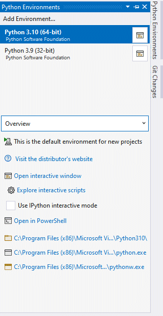 Python Environments در ویژوال استودیو