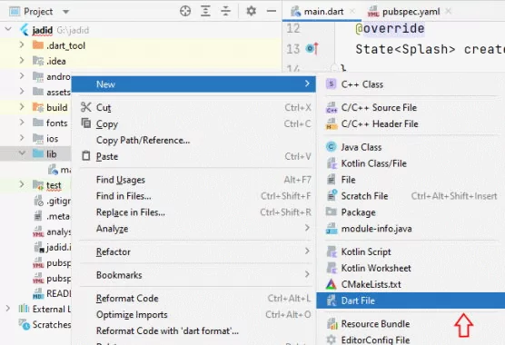 ساخت فایل دارت جدید در اپلیکیشن موبایل فلاتر