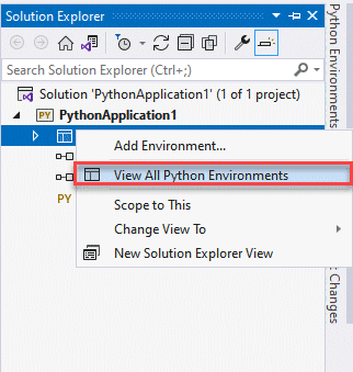 باز کردن Python Environments از طریق Solution Explorer