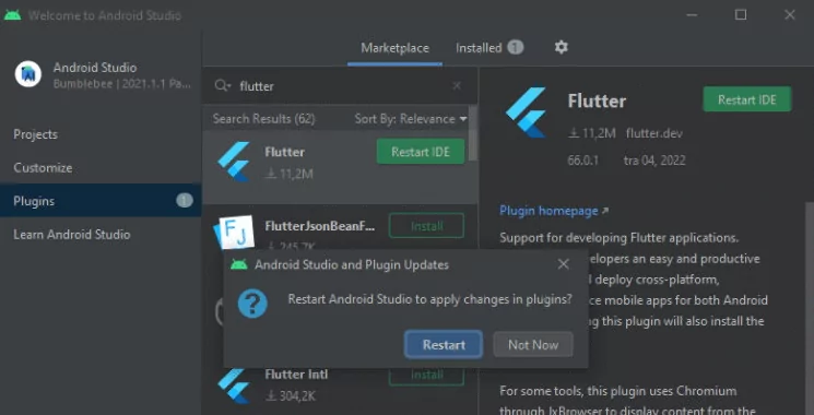 راهاندازی مجدد اندروید استودیو بعد از نصب پلاگین فلاتر و دارت