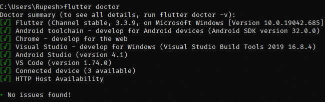 خروجی حاصل از اجرای دستور flutter doctor