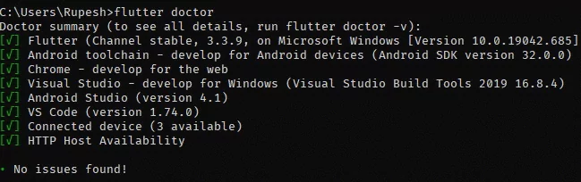 خروجی حاصل از اجرای دستور flutter doctor