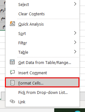 گزینه format cells