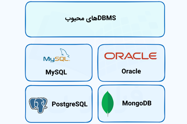 بلوکهایی که هر کدام، عنوان و لوگوی یک سیستم مدیریت پایگاه داده را در بر گرفتهاند.