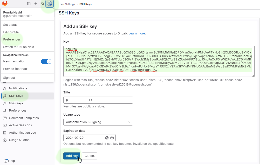 کلیدهای SSH در گیت لب