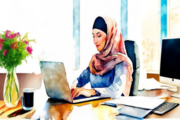 یک زن با حجاب در حال کار با کامپیوتر، همراه با یک دسته گل و لیوان روی میز