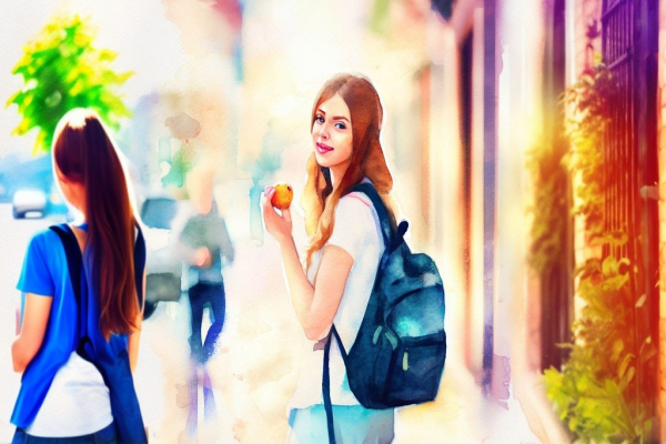 دختری نوجوان با یک کوله پشتی و سیبی در دست در خیابان