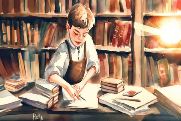 پسری در کتاب فروشی