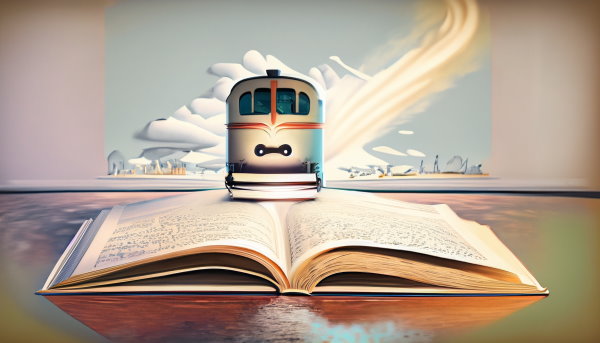 یک قطار در حال بیرون آمدن از درون کتاب (تصویر تزئینی مطلب رشته مهندسی ماشین های ریلی)
