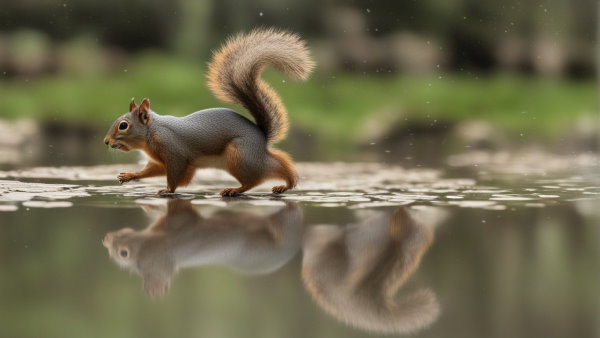 تصویر یک سنجاب در حال قدم زدن کنار برکه (تصویر تزئینی برای نمایش تاثیر فرونشست زمین بر زندگی حیوانات)