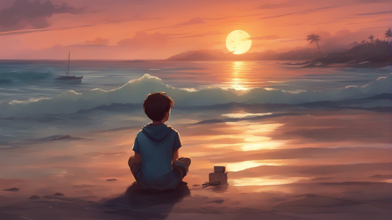 پسربچه در حال تماشای غروب آفتاب کنار ساحل - اسم زمان در عربی