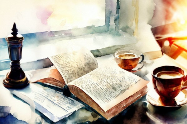 تصویر چای و کتاب روی میز