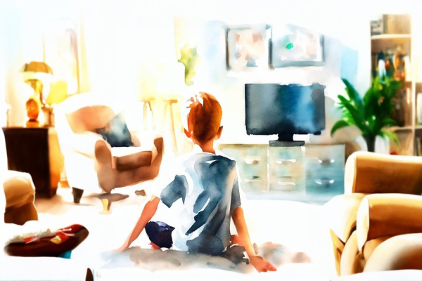 پسری در حال تماشای تلویزیون