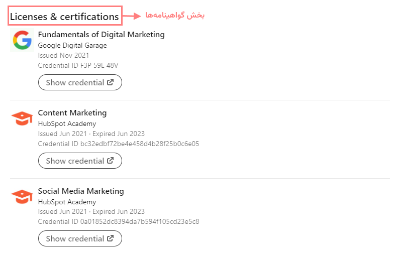 بخش گواهینامه‌ها در پروفایل لینکدین
