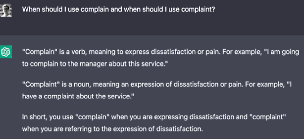 پاسخ ChatGPt به تفاوت Complain و Complain