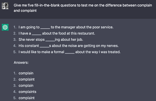 ساختن تمرین با ChatGPt برای تفاوت Complain و Complaint