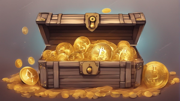 صندوقچه‌ای باز شده پر از بیت کوین‌هایی شبیه سکه‌های طلا.