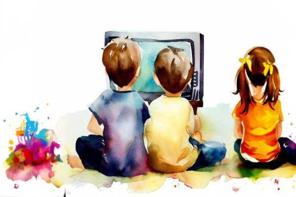 دو پسربچه و یک دختربچه در حال تماشای تلویزیون