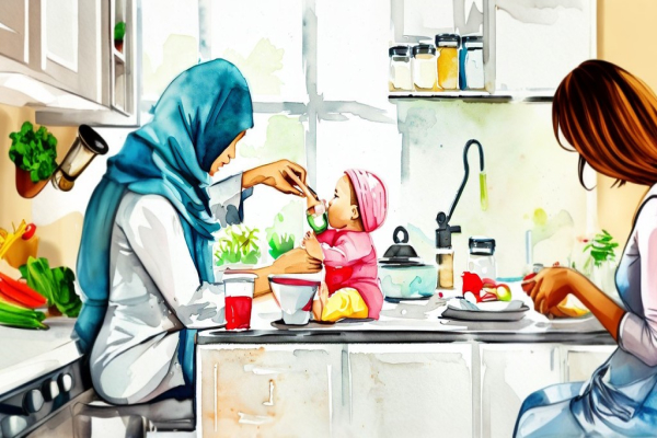 یک مادر در حال غذا دادن به بچه‌اش در آشپزخانه