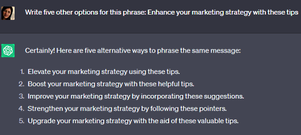 پاسخ ChatGPT به پارارفریز کردن جمله درباره Marketing Strategy