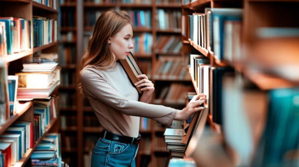 دختری در کتابخانه برای جستجوی کتاب گرامر past modals