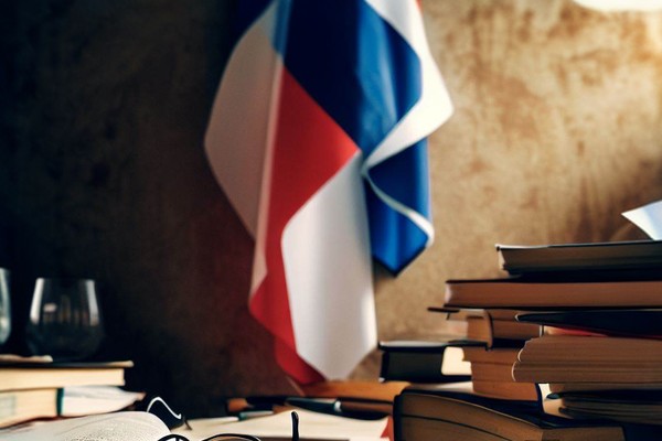 پرچم فرانسه پشت میز و کتاب‌ ها
