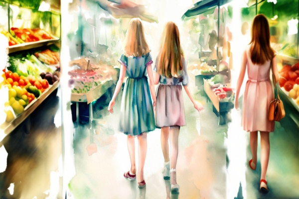 دو دختر و مادر در بازار روز