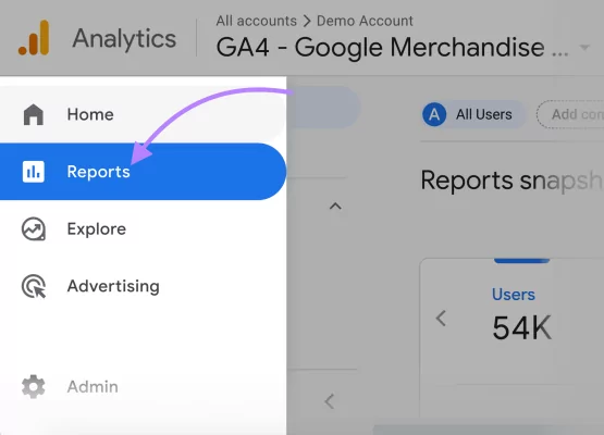 انتخاب بخش reports در گوگل آنالیتیکس
