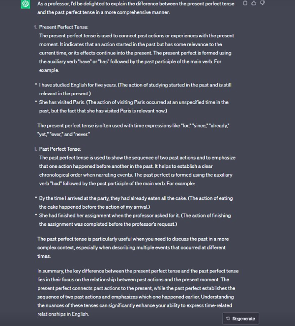 پاسخ ChatGPT به فرق گرامر present prefect و past perfect