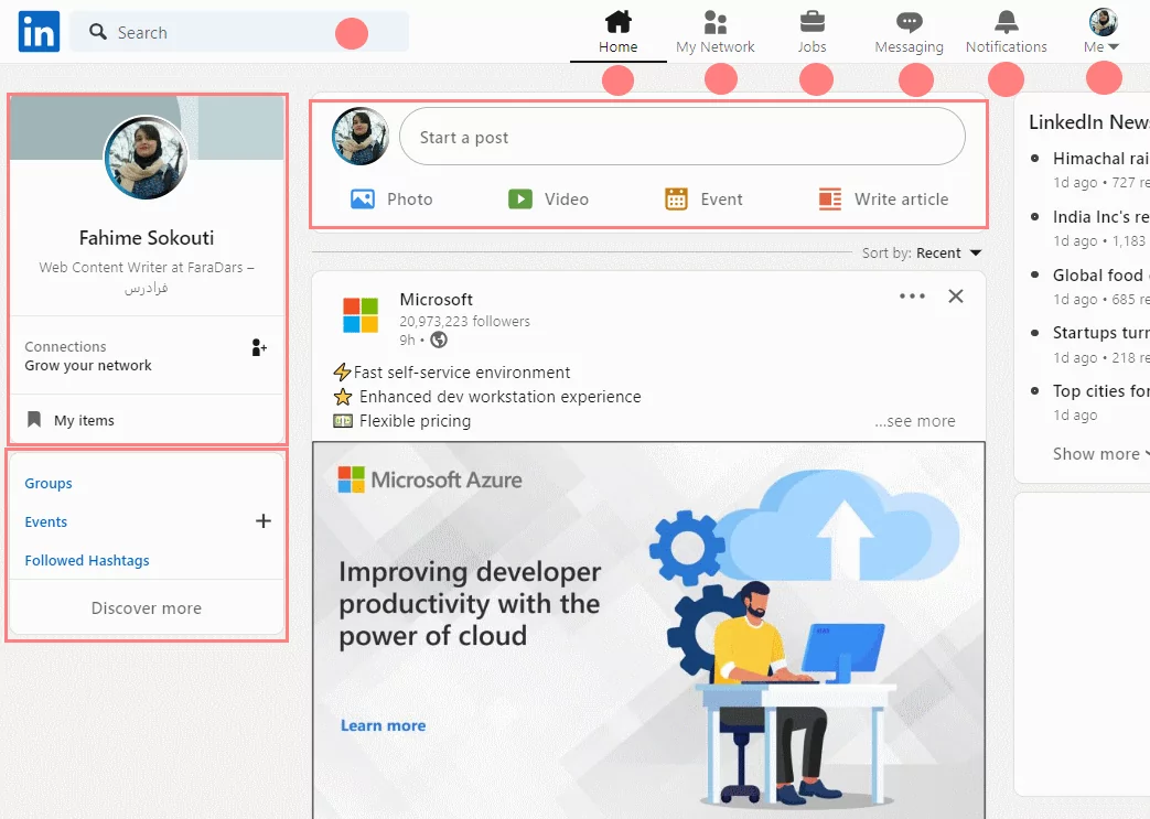 بخش های مختلف حساب کاربری در لینکدین چیست